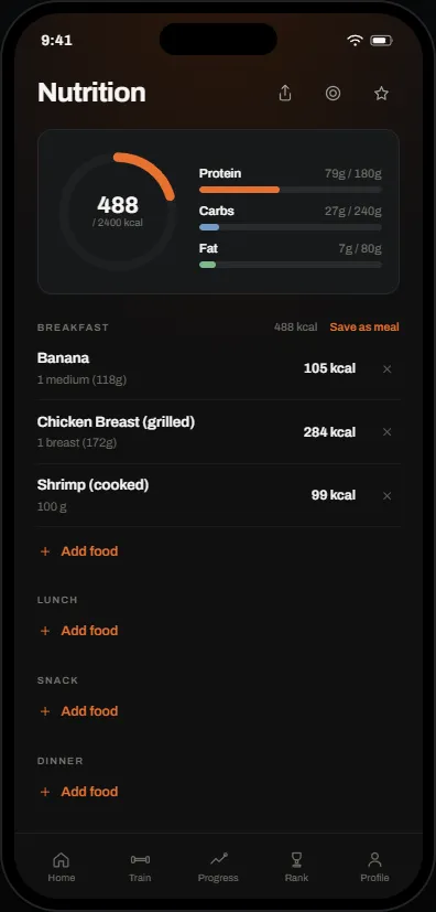 The FORJD nutrition screen: 488 of 2,400 kcal with protein, carbs and fat progress bars.