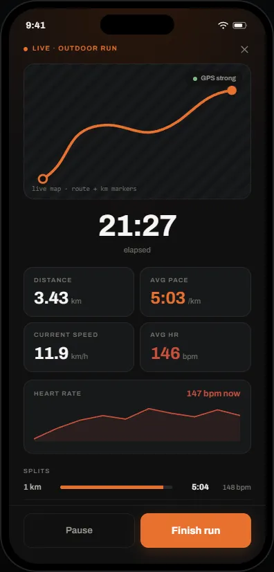 A live FORJD run screen with pace, distance and time.